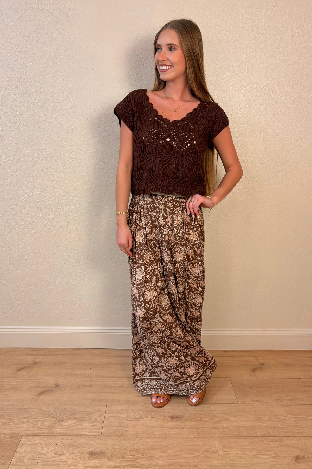Rosalie Brown Floral Wide Leg Pants