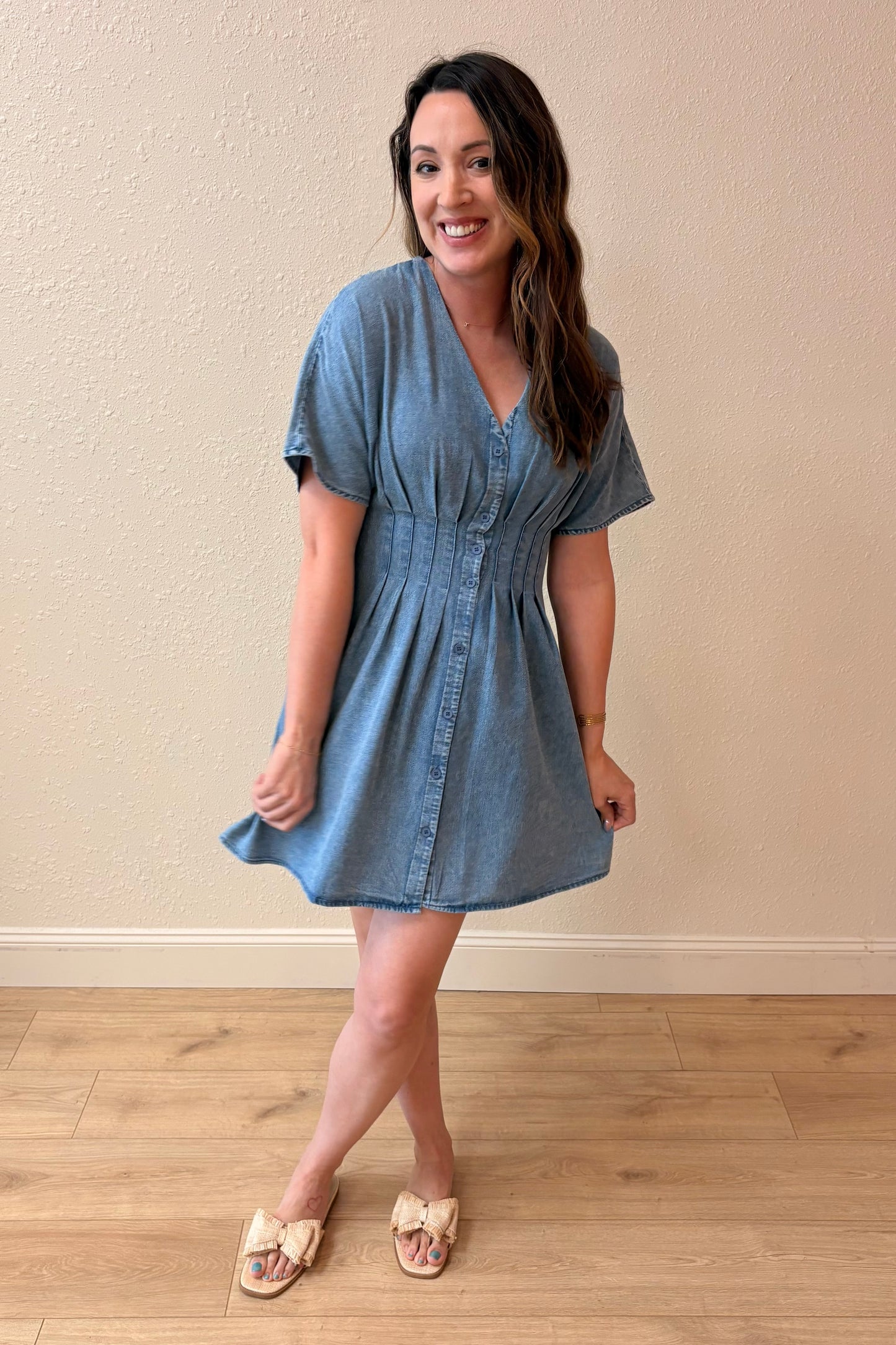 Maeve Pleated Waist Denim Dress
