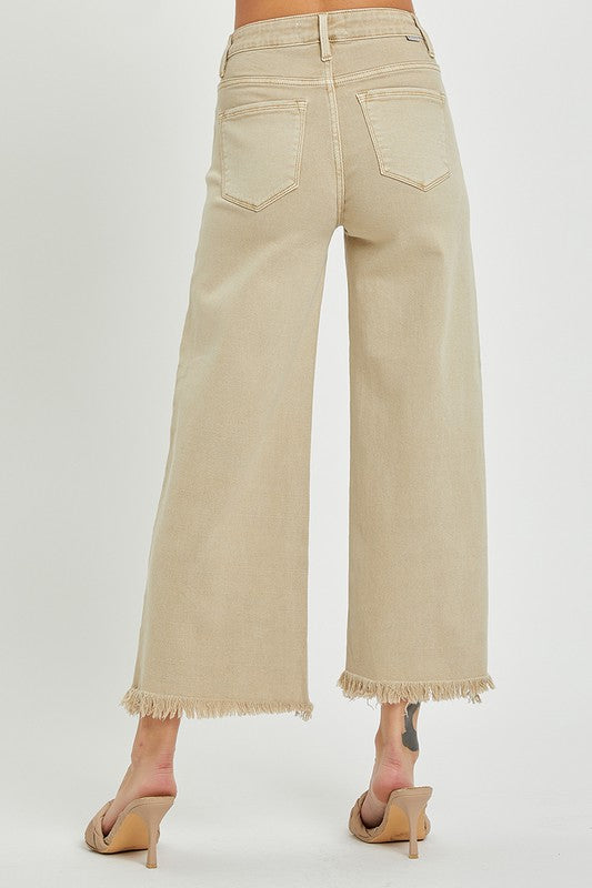 Risen High Waist Khaki Wide Leg Crop Jeans