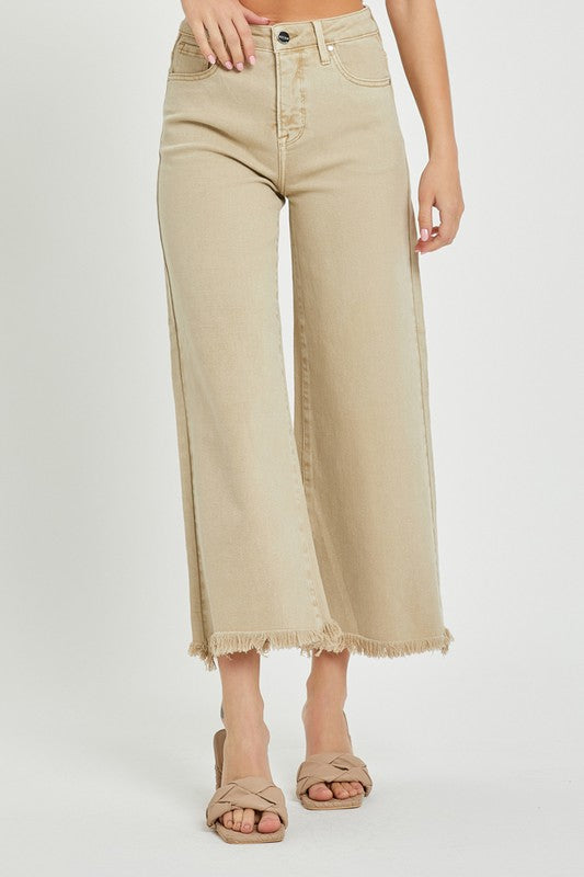 Risen High Waist Khaki Wide Leg Crop Jeans