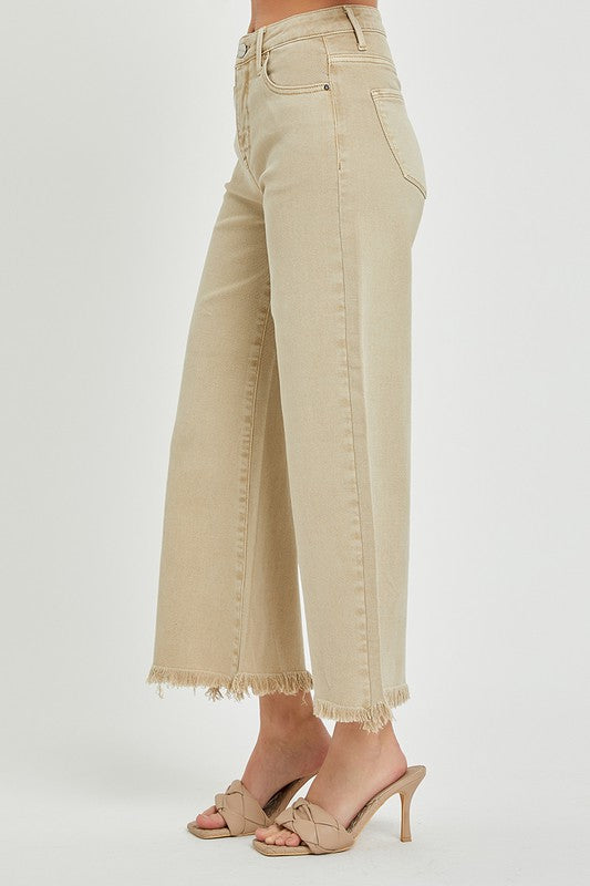 Risen High Waist Khaki Wide Leg Crop Jeans