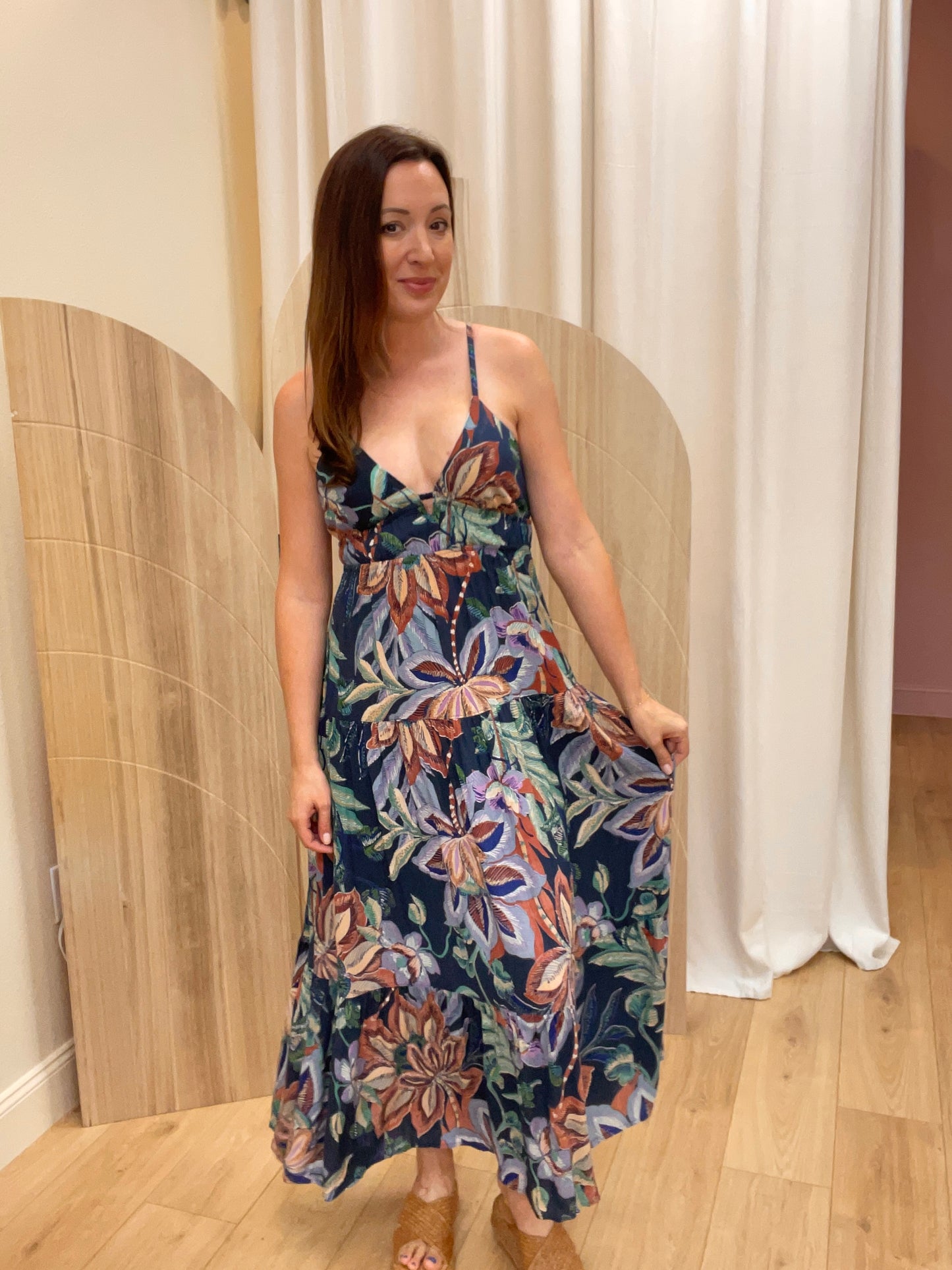 Elena Tropical Print Tie Back Maxi Dress