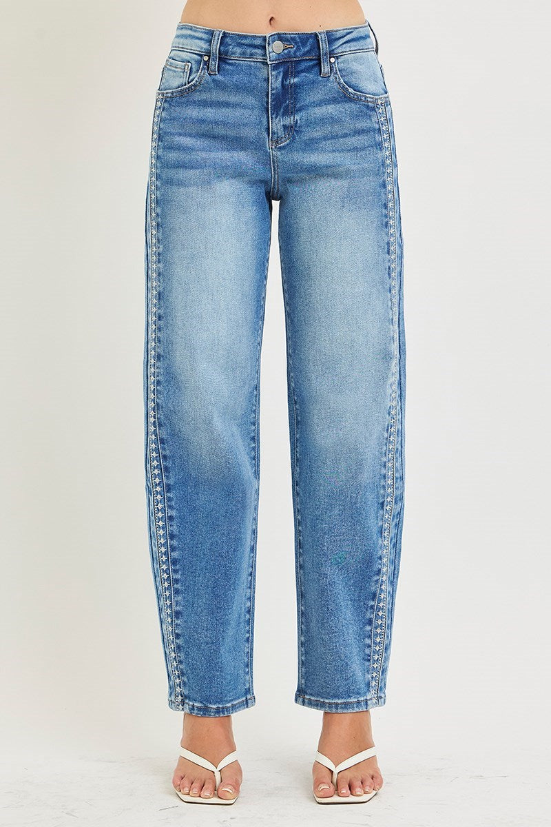 Risen Embroidered Trim Barrel Leg Jeans