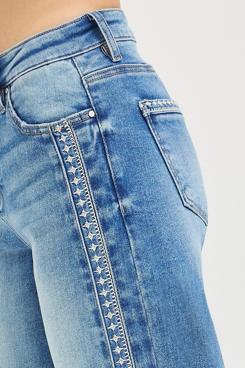 Risen Embroidered Trim Barrel Leg Jeans