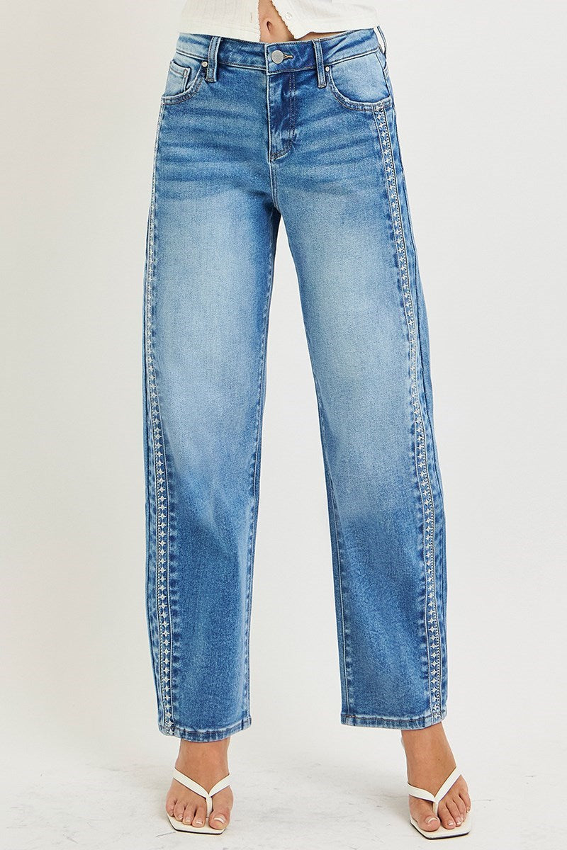 Risen Embroidered Trim Barrel Leg Jeans