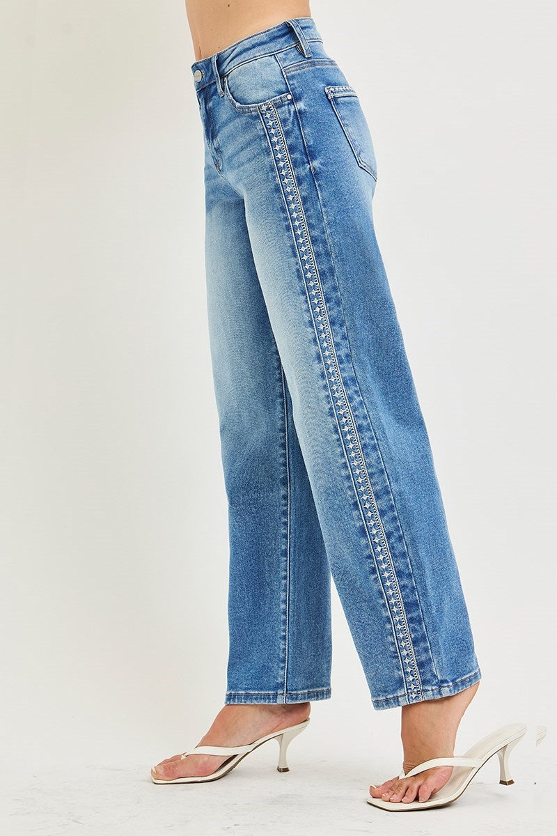 Risen Embroidered Trim Barrel Leg Jeans