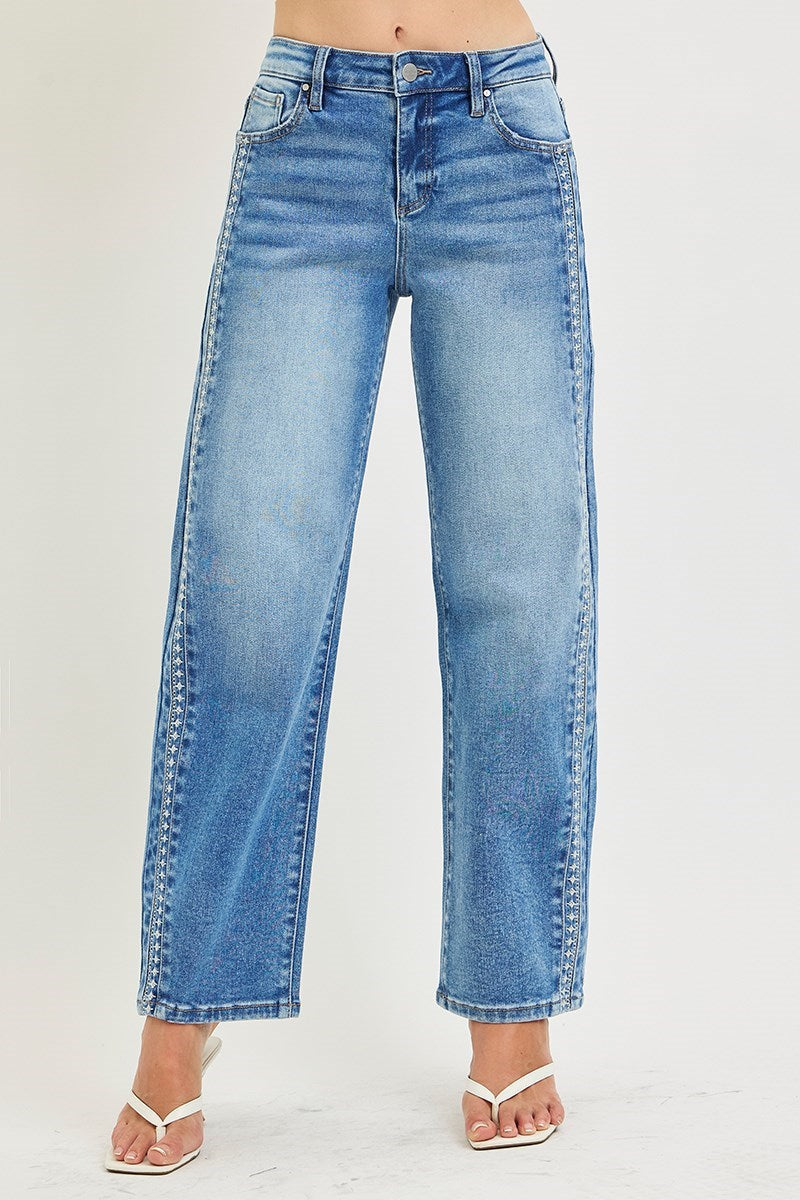 Risen Embroidered Trim Barrel Leg Jeans