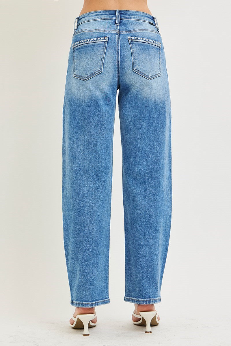 Risen Embroidered Trim Barrel Leg Jeans