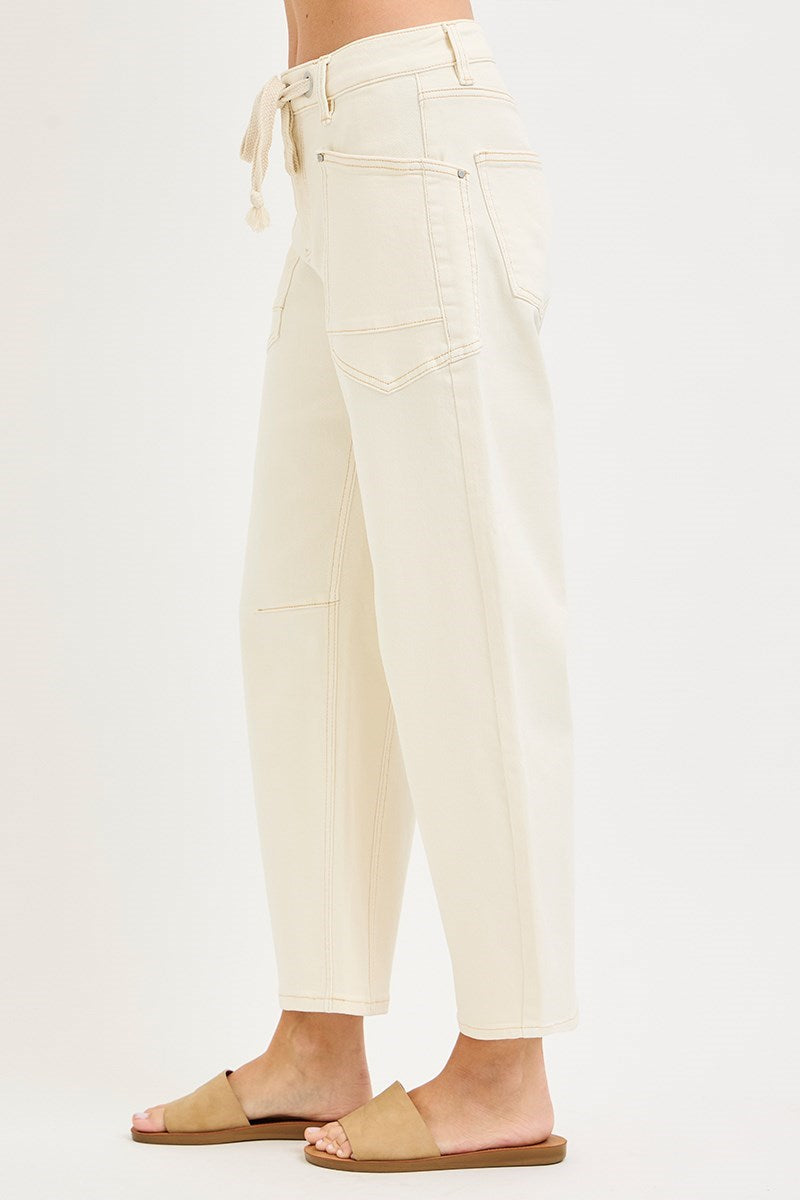 Risen Ivory Barrel Leg Tie Front Jeans