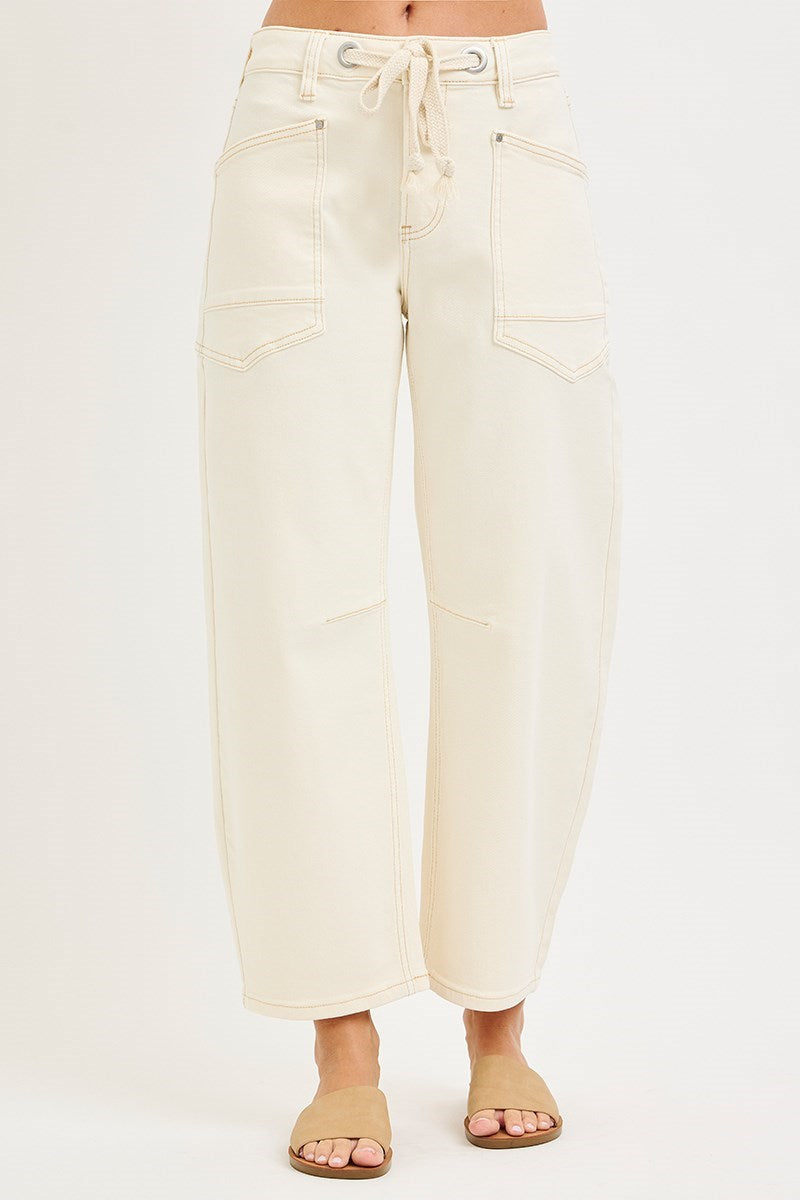 Risen Ivory Barrel Leg Tie Front Jeans