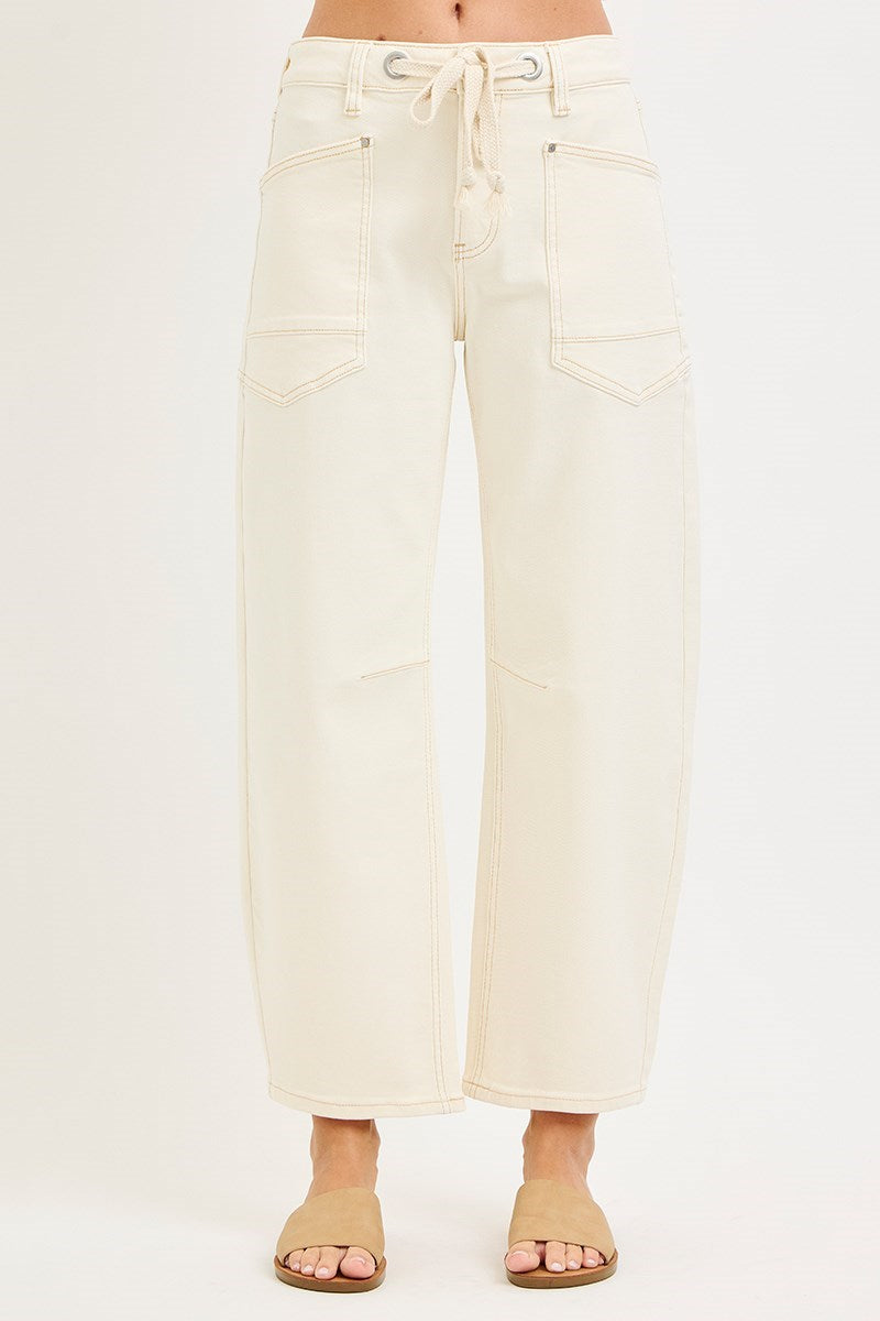 Risen Ivory Barrel Leg Tie Front Jeans