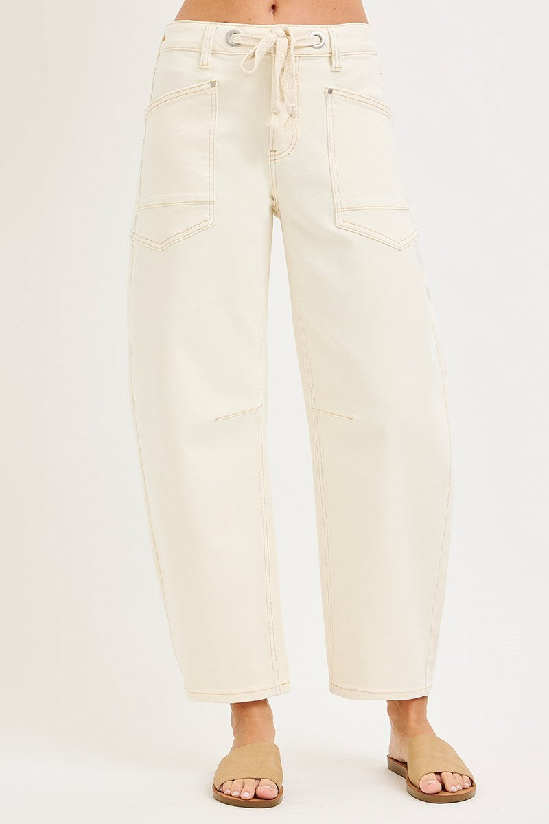 Risen Ivory Barrel Leg Tie Front Jeans