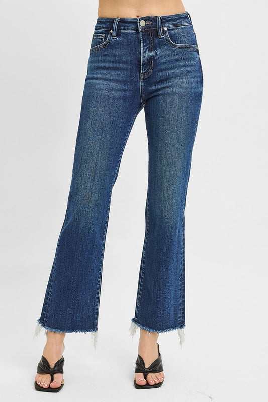 Risen High Rise Dark Straight Leg Cropped Jeans