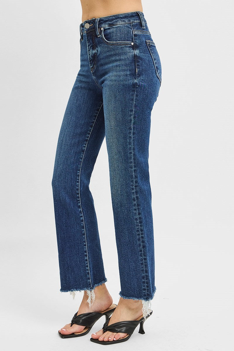 Risen High Rise Dark Straight Leg Cropped Jeans