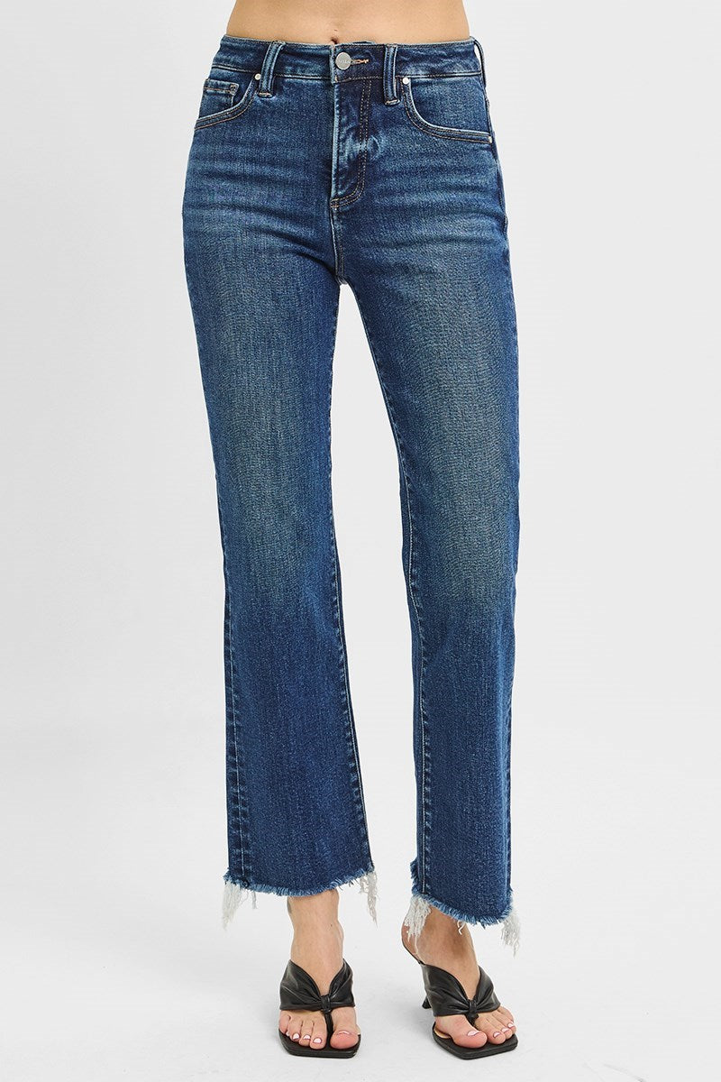 Risen High Rise Dark Straight Leg Cropped Jeans