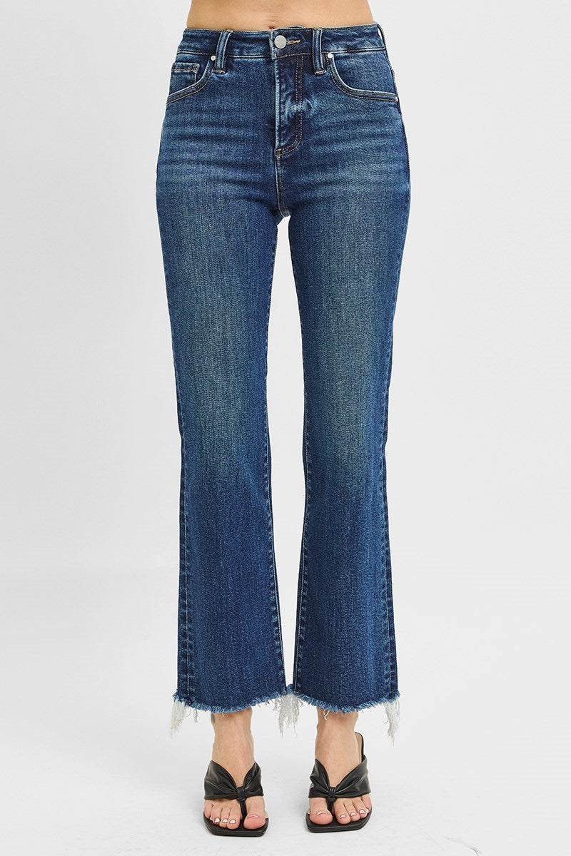 Risen High Rise Dark Straight Leg Cropped Jeans