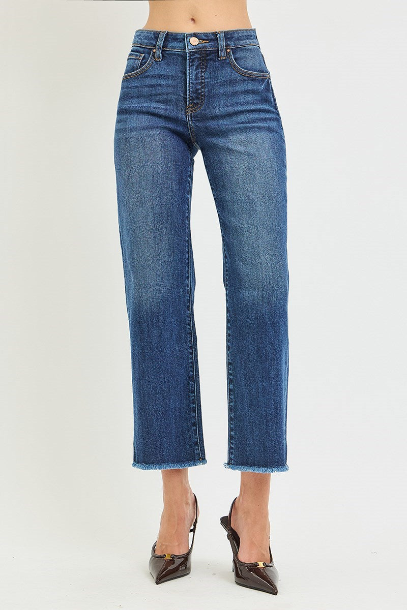 Risen Mid-Rise Dark Cropped Straight Jeans