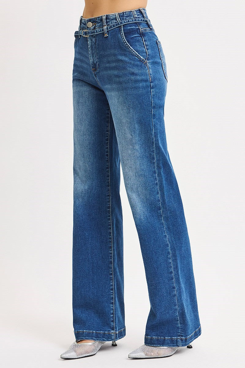 Risen Belted High Rise Wide Leg Jeans