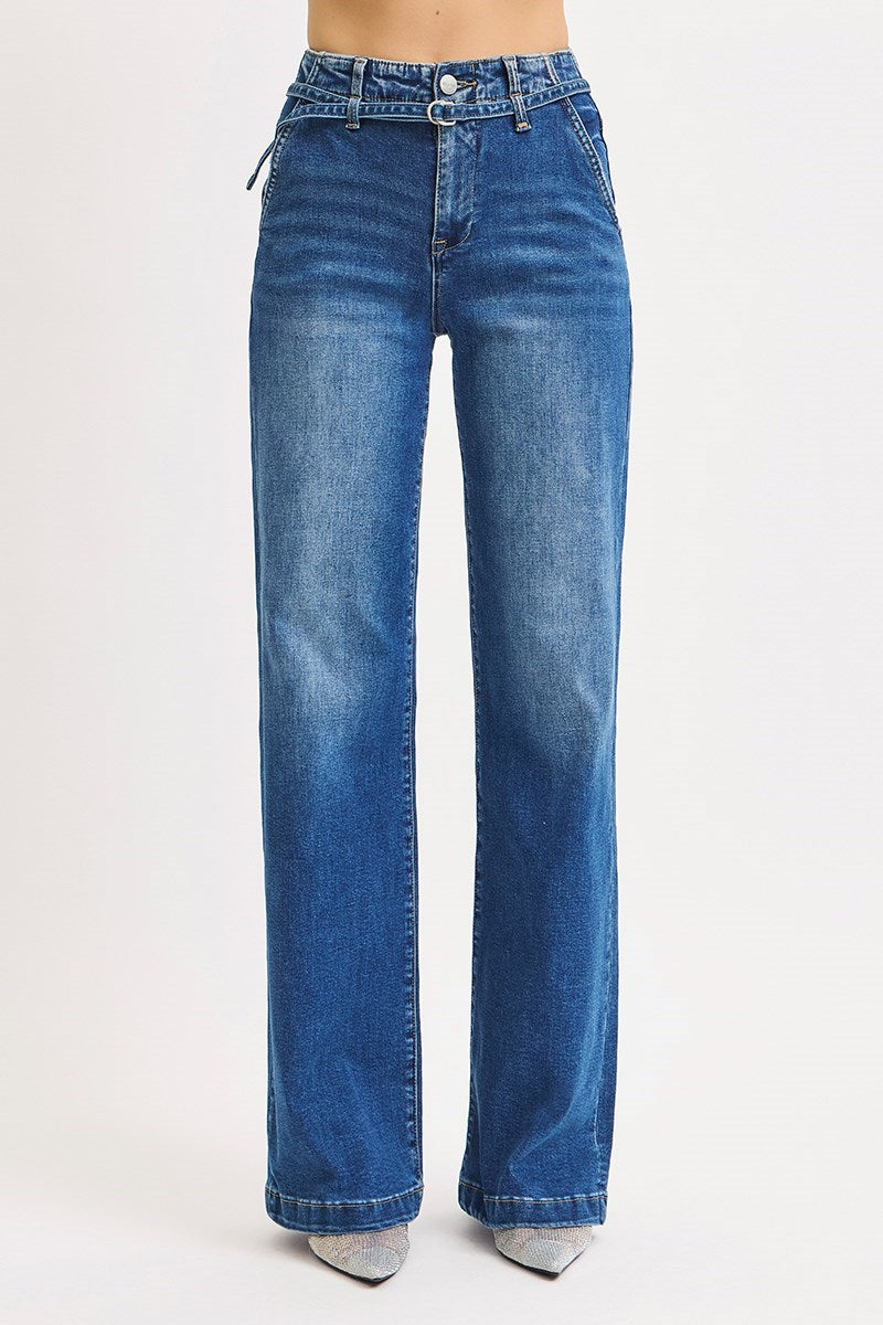 Risen Belted High Rise Wide Leg Jeans