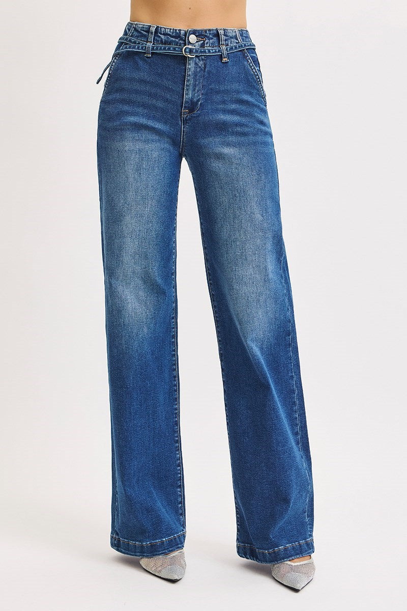 Risen Belted High Rise Wide Leg Jeans