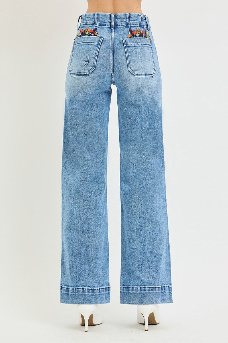 Risen Floral Embroidered Wide Leg Jeans