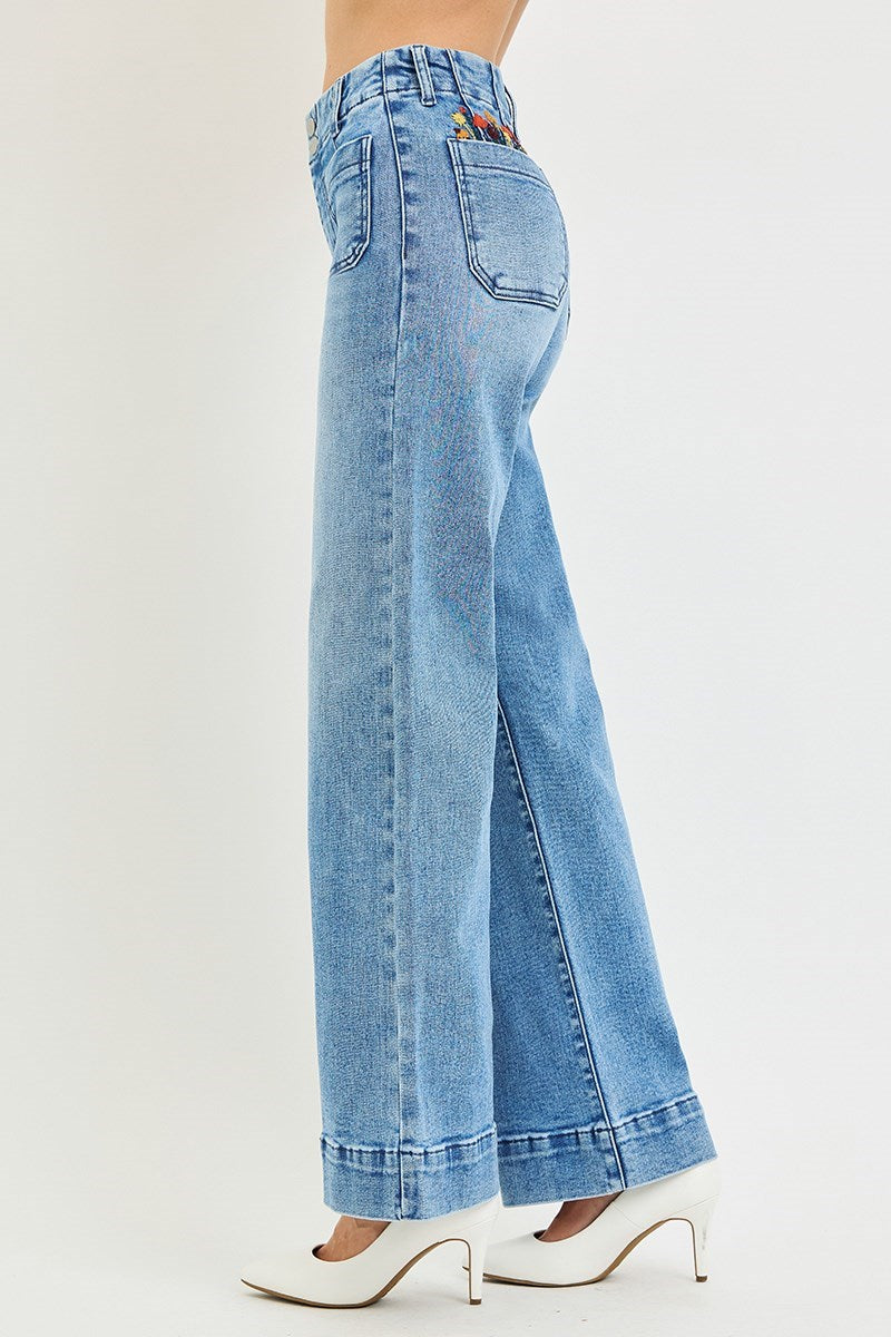 Risen Floral Embroidered Wide Leg Jeans