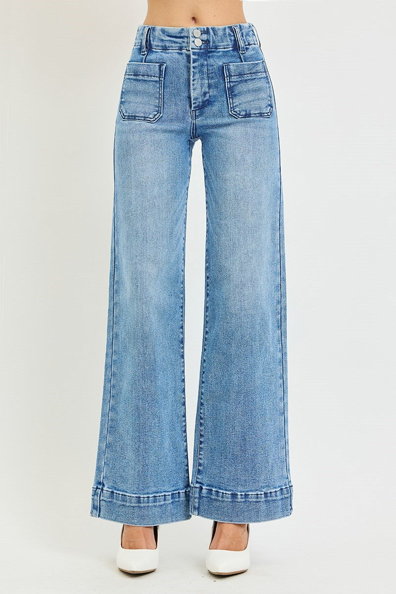 Risen Floral Embroidered Wide Leg Jeans