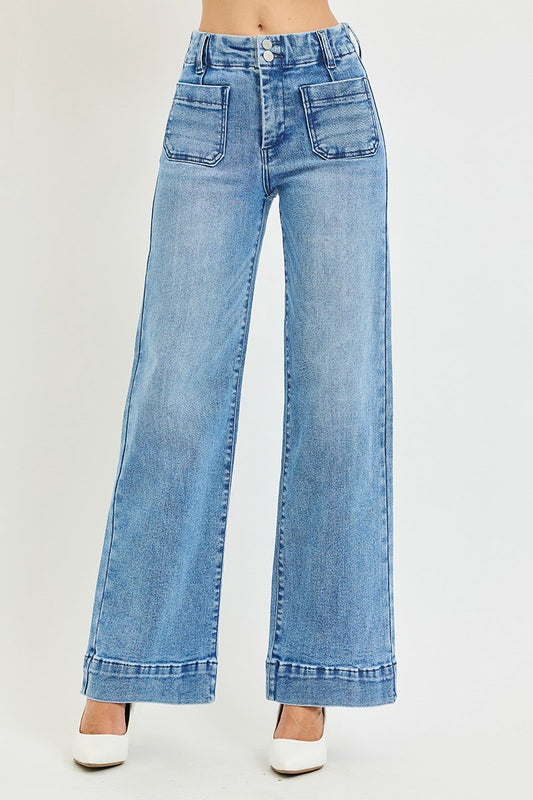 Risen Floral Embroidered Wide Leg Jeans