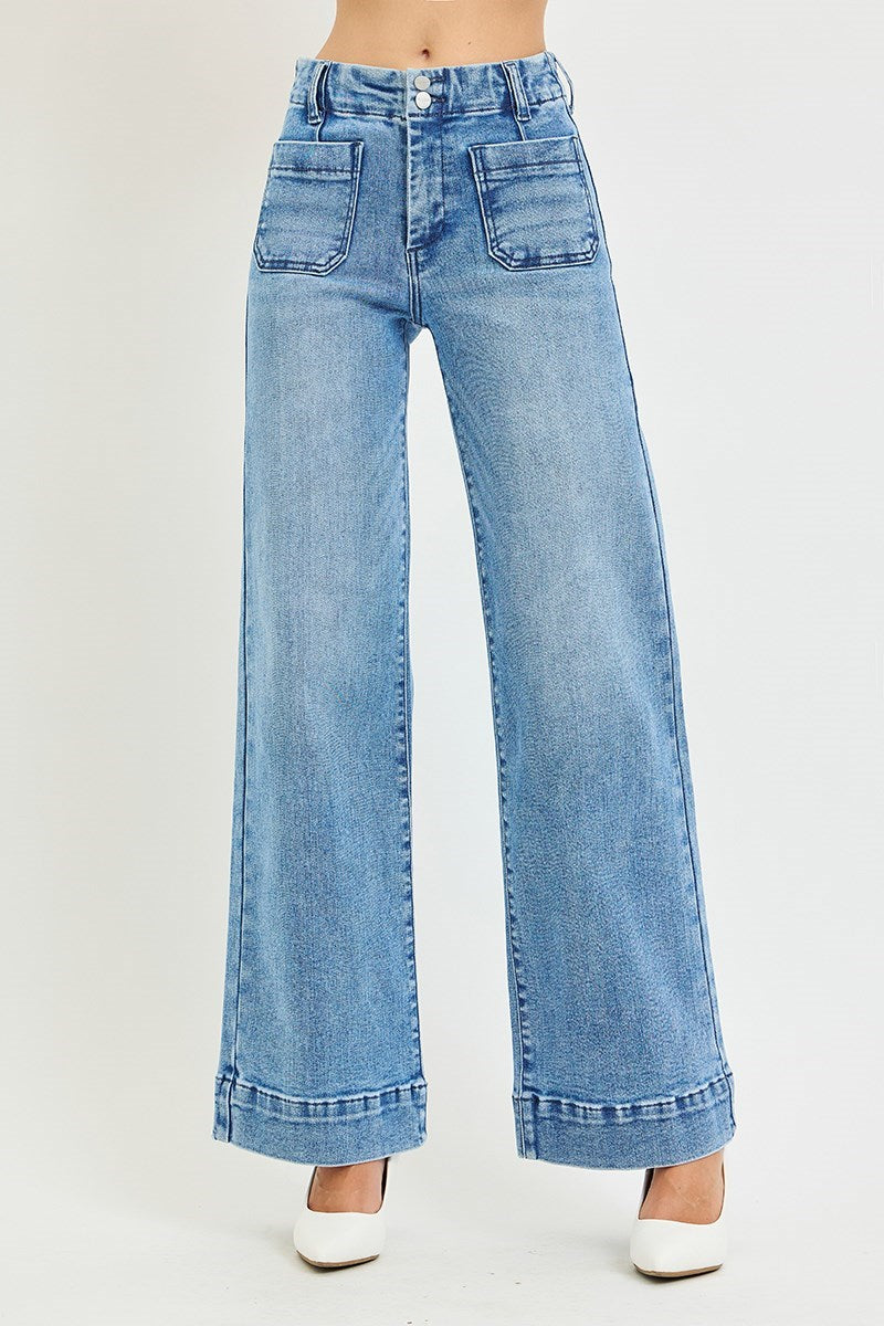 Risen Floral Embroidered Wide Leg Jeans