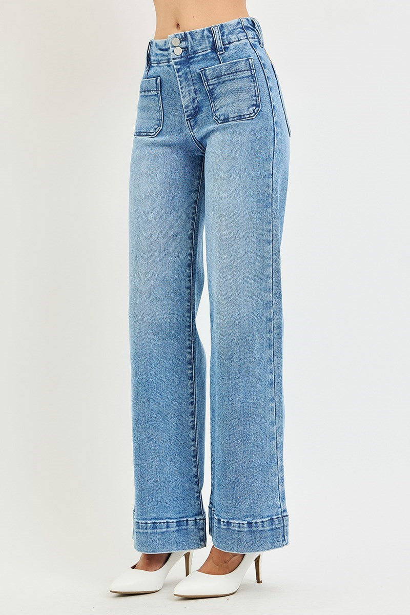 Risen Floral Embroidered Wide Leg Jeans