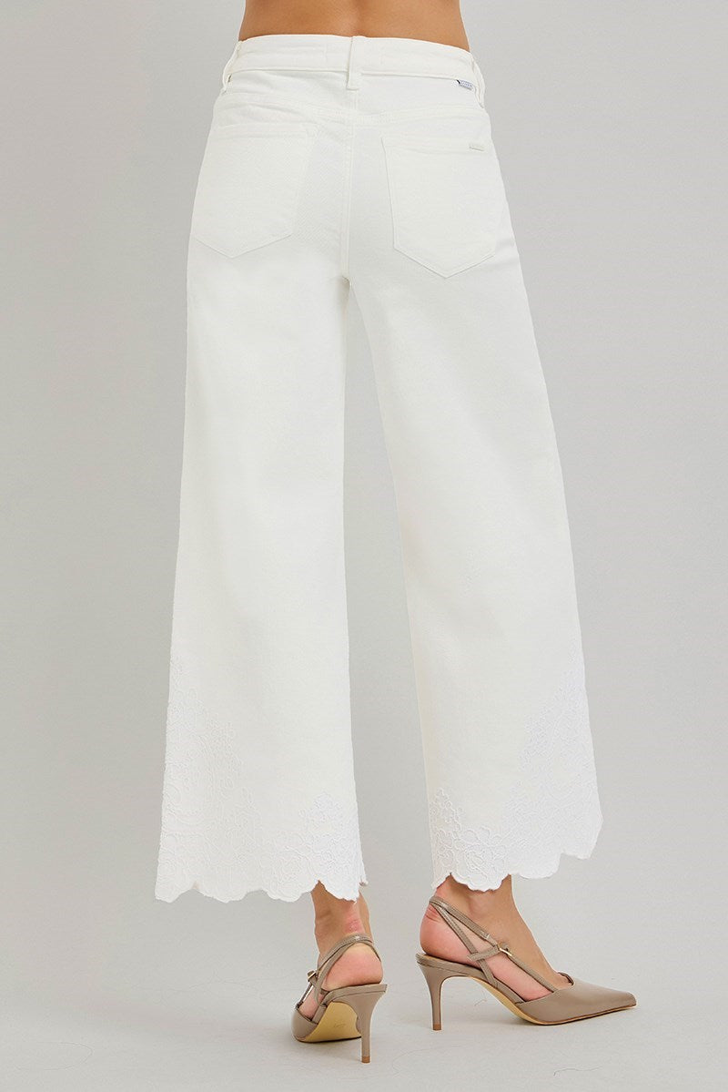 Risen Cream Embroidered Hem Wide Leg Jeans