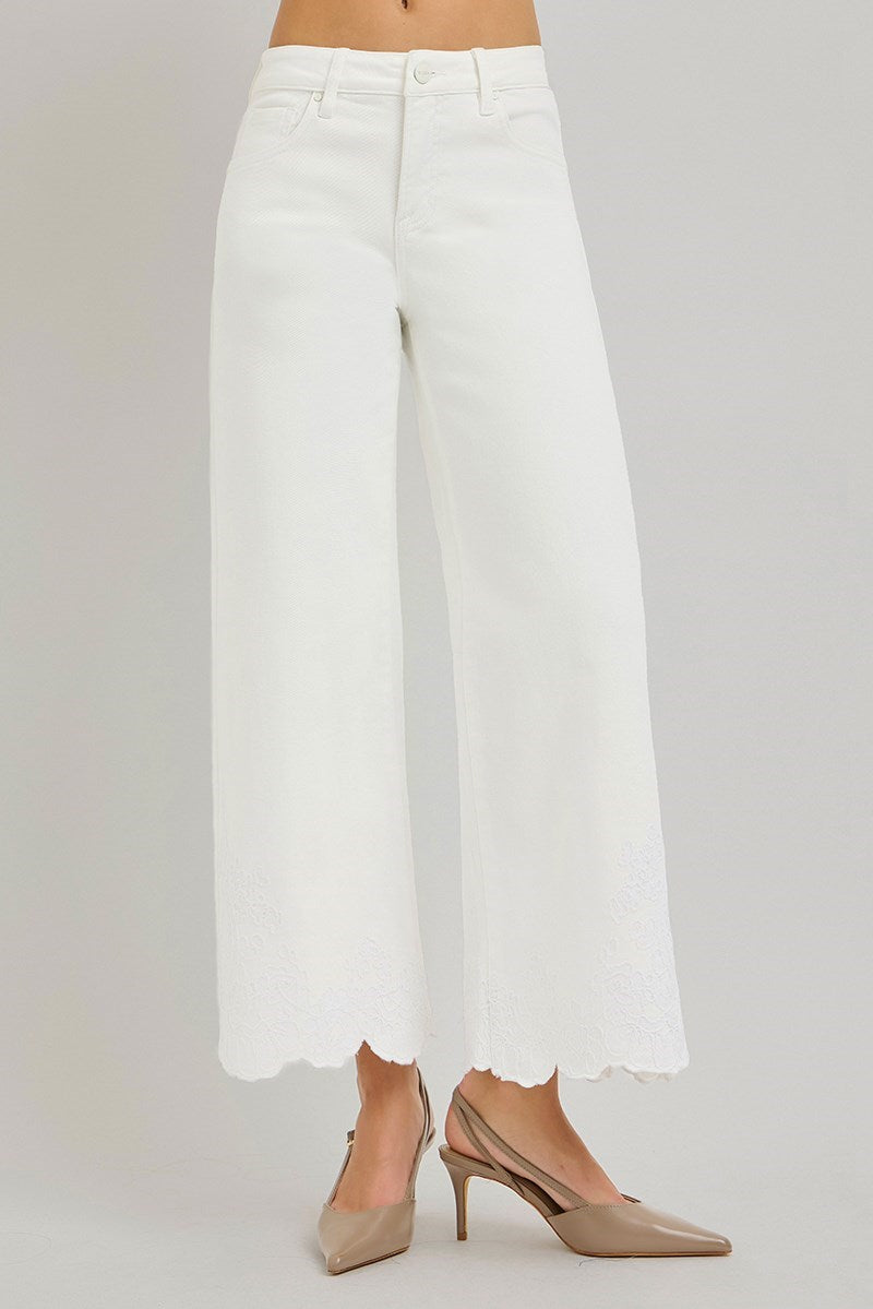Risen Cream Embroidered Hem Wide Leg Jeans