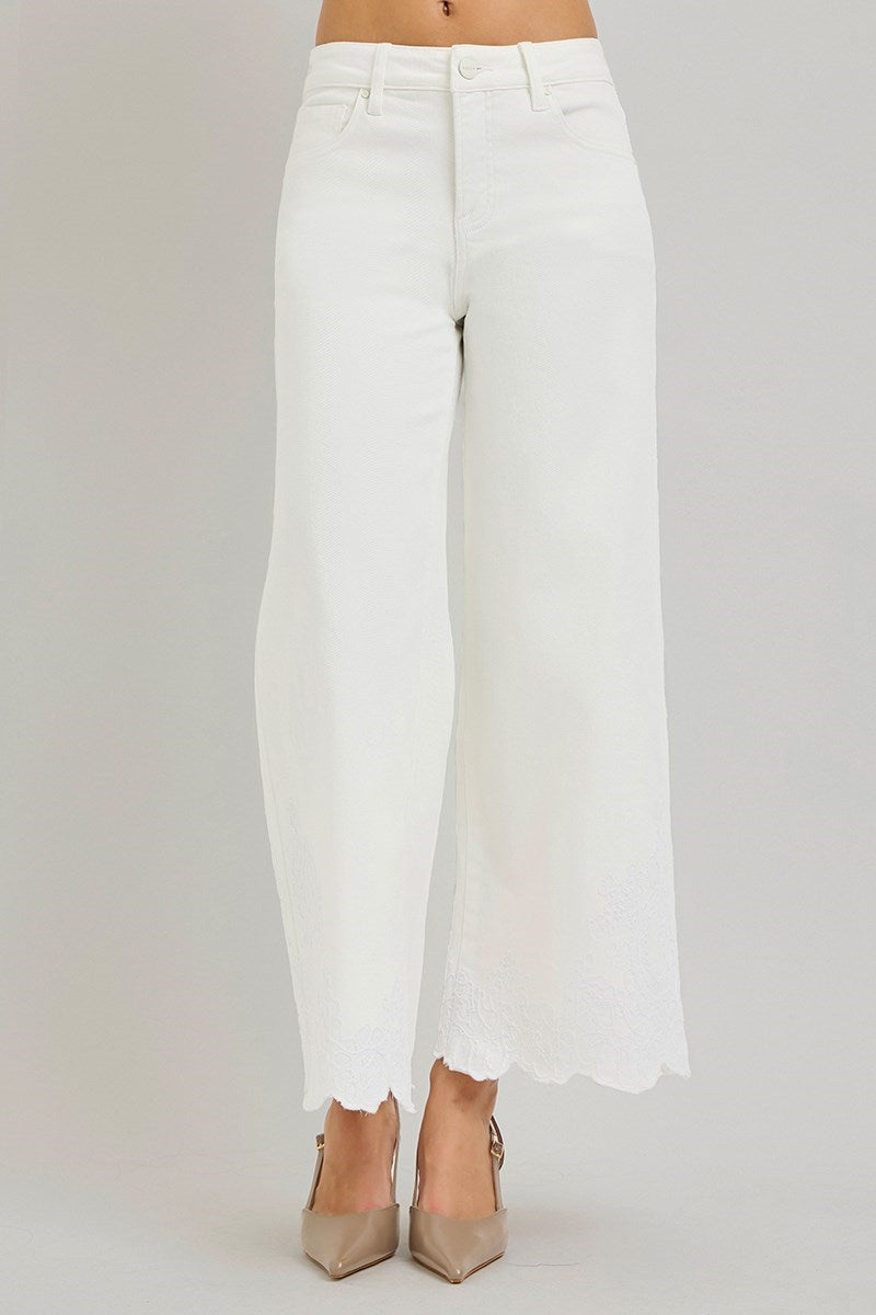 Risen Cream Embroidered Hem Wide Leg Jeans