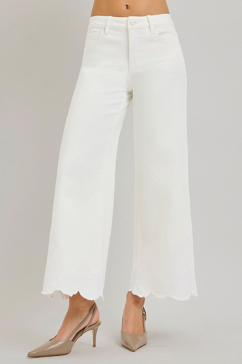 Risen Cream Embroidered Hem Wide Leg Jeans