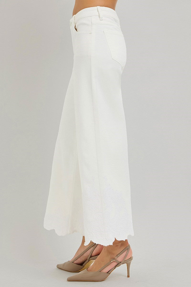 Risen Cream Embroidered Hem Wide Leg Jeans