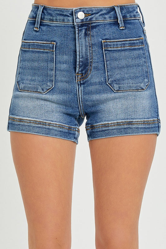 Risen High Rise Front Patch Pocket Denim Shorts