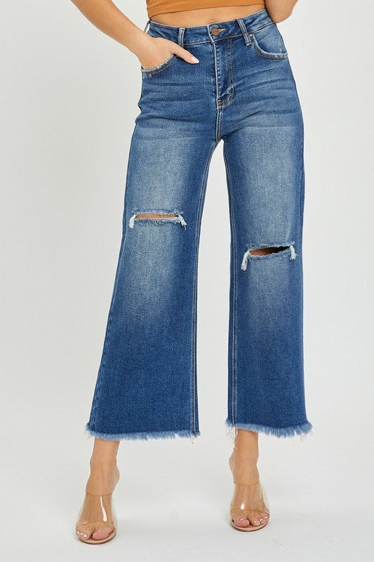 Risen High Rise Frayed Cropped Wide Leg Jean
