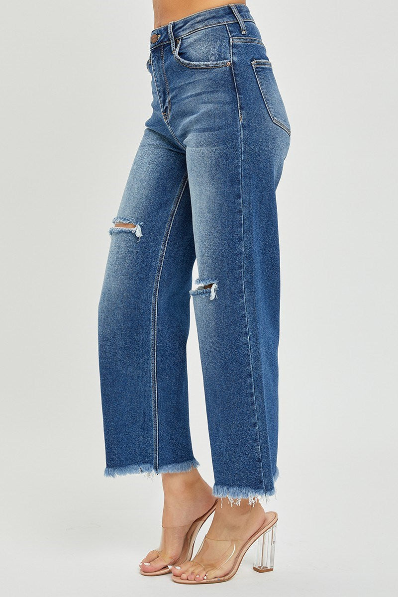 Risen High Rise Frayed Cropped Wide Leg Jean