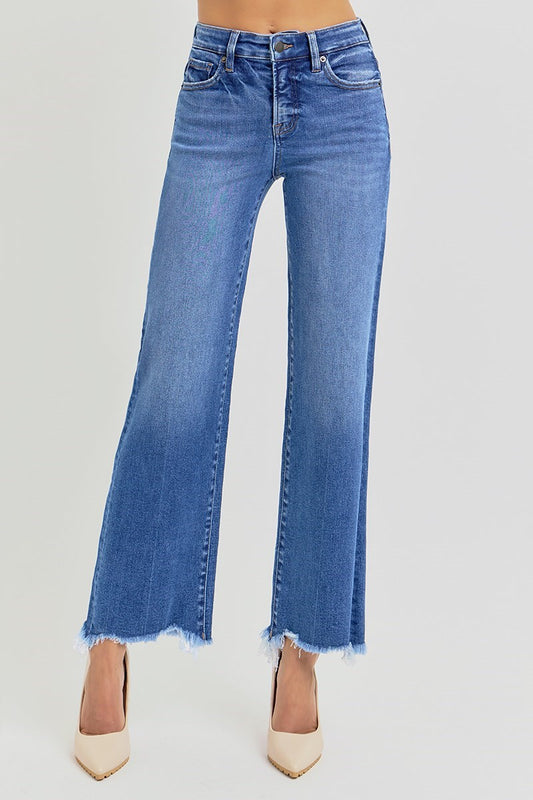 Risen High Rise Frayed Hem Straight Ankle Jean
