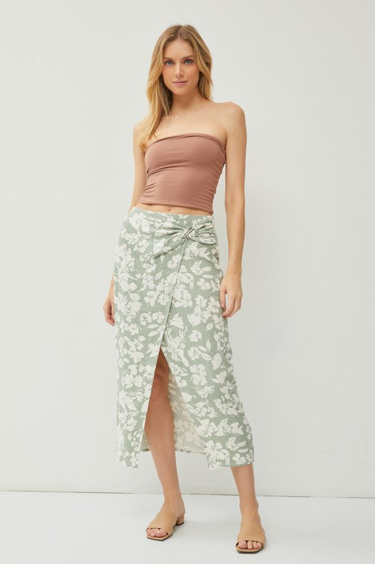 Lily Sage Green Floral Midi Linen Wrap Skirt