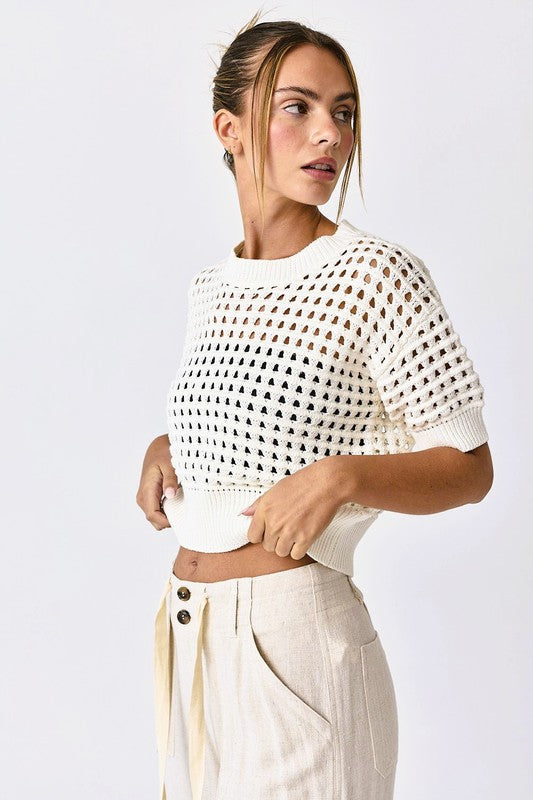 Alina White Cropped Crochet Sweater Top