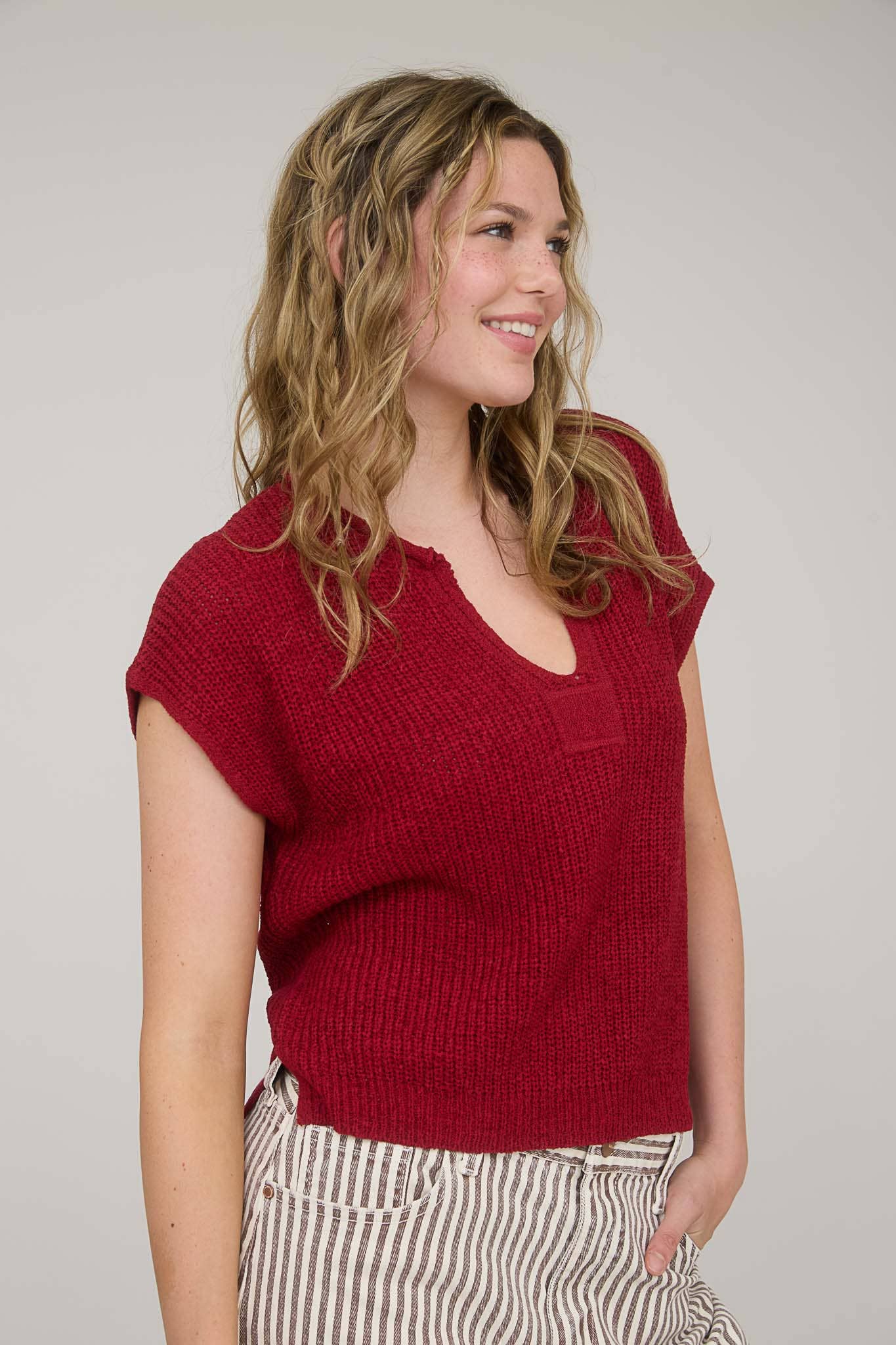 Danielle Red Split Neck Knit Top
