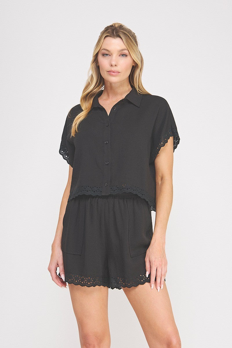 Aniya Eyelet Trim Button Front Top