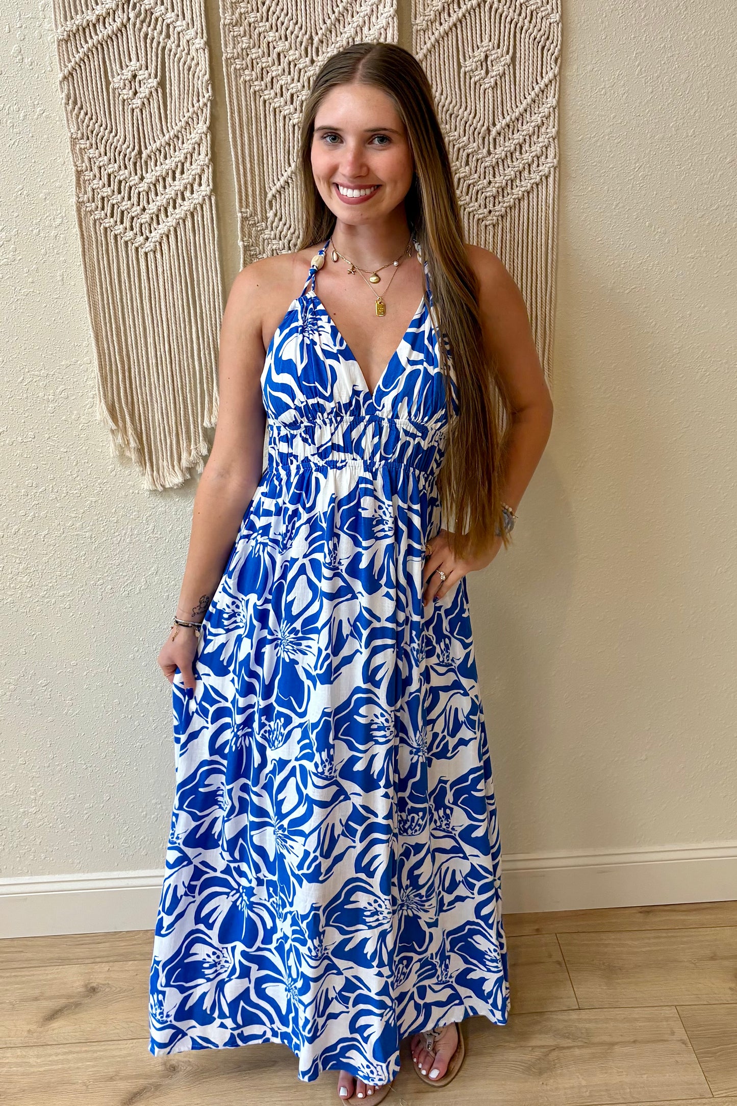 Allie Halter Tropical Print Maxi Dress