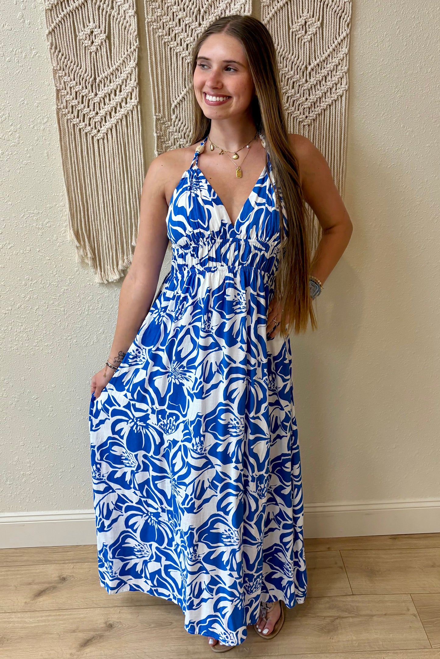 Allie Halter Tropical Print Maxi Dress