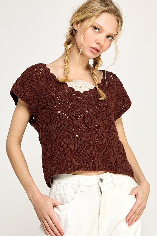 Hazel Brown Crochet Sweater Top