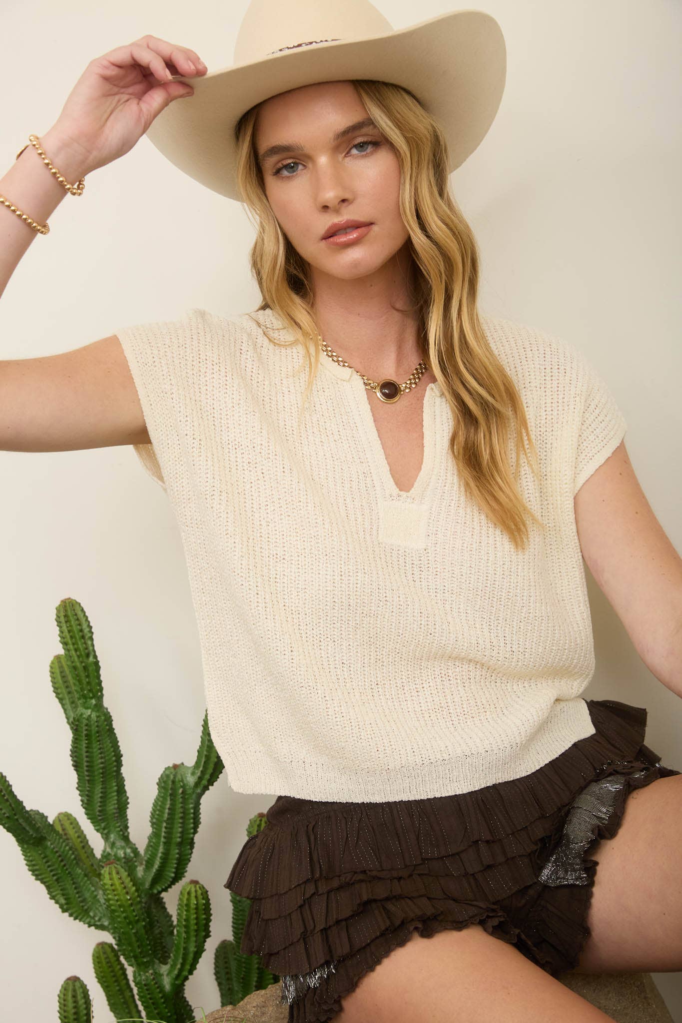 Danielle Cream Short Sleeve Knit Top
