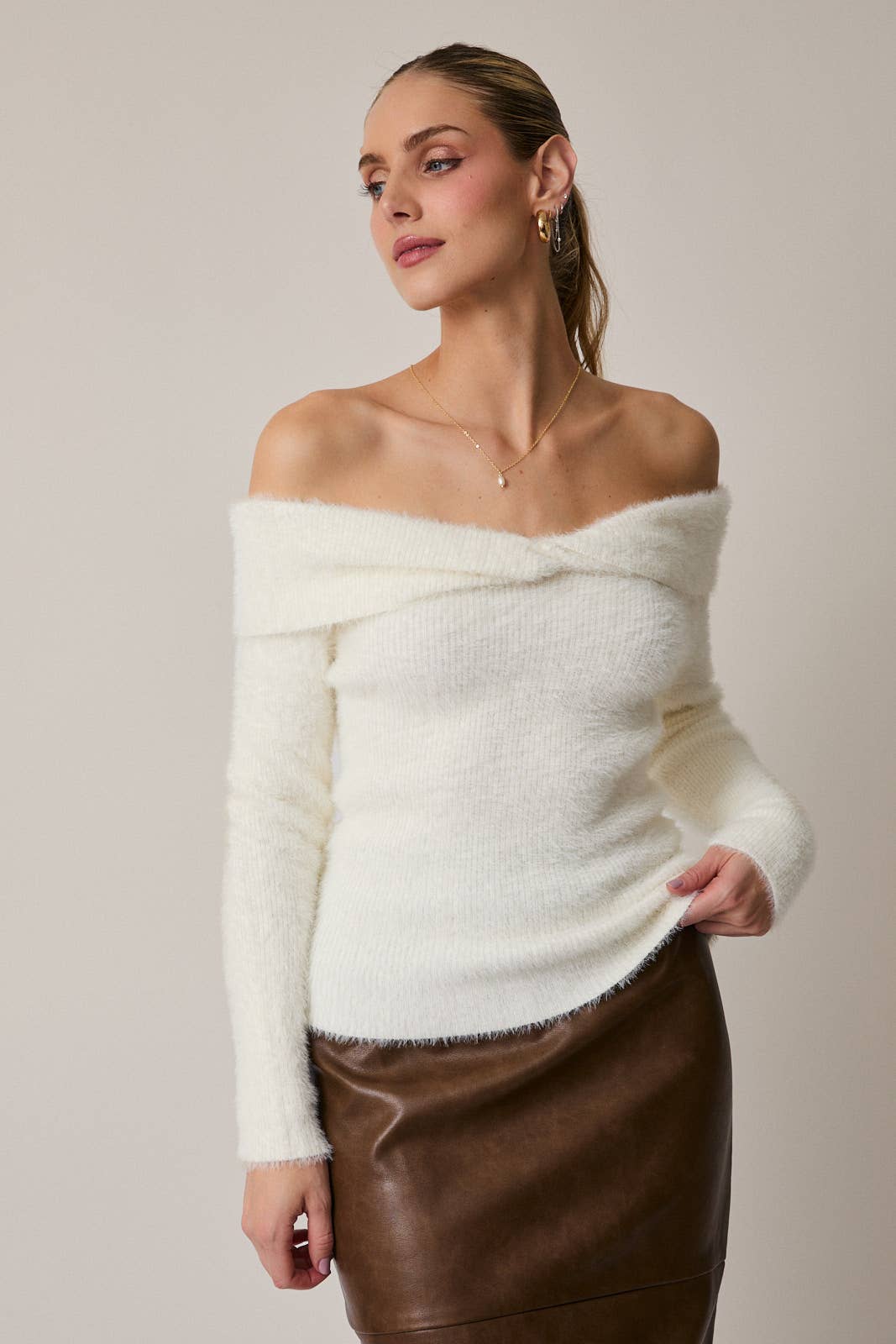 Margaret Off the Shoulder Fuzzy Sweater Top