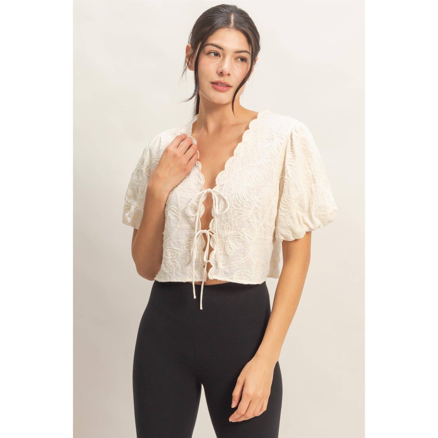 Tara Floral Embroidered Tie-Front Top