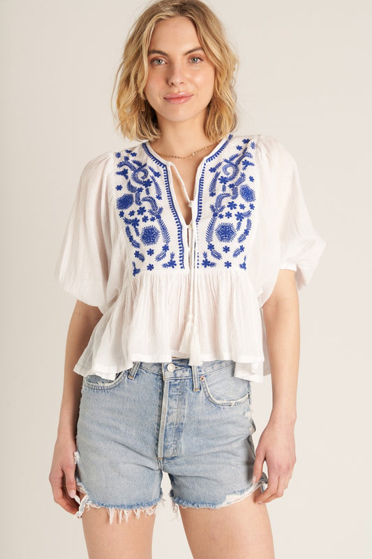 Sienna Embroidered Tie Front Top